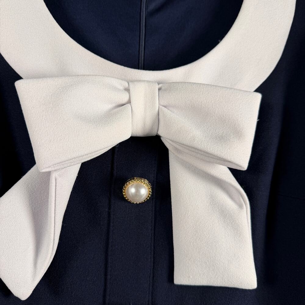 Alexia Admor Navy Bow Dress Pearl Button Front Lg Sl Mini Preppy Chic Size Small - Picture 3 of 10